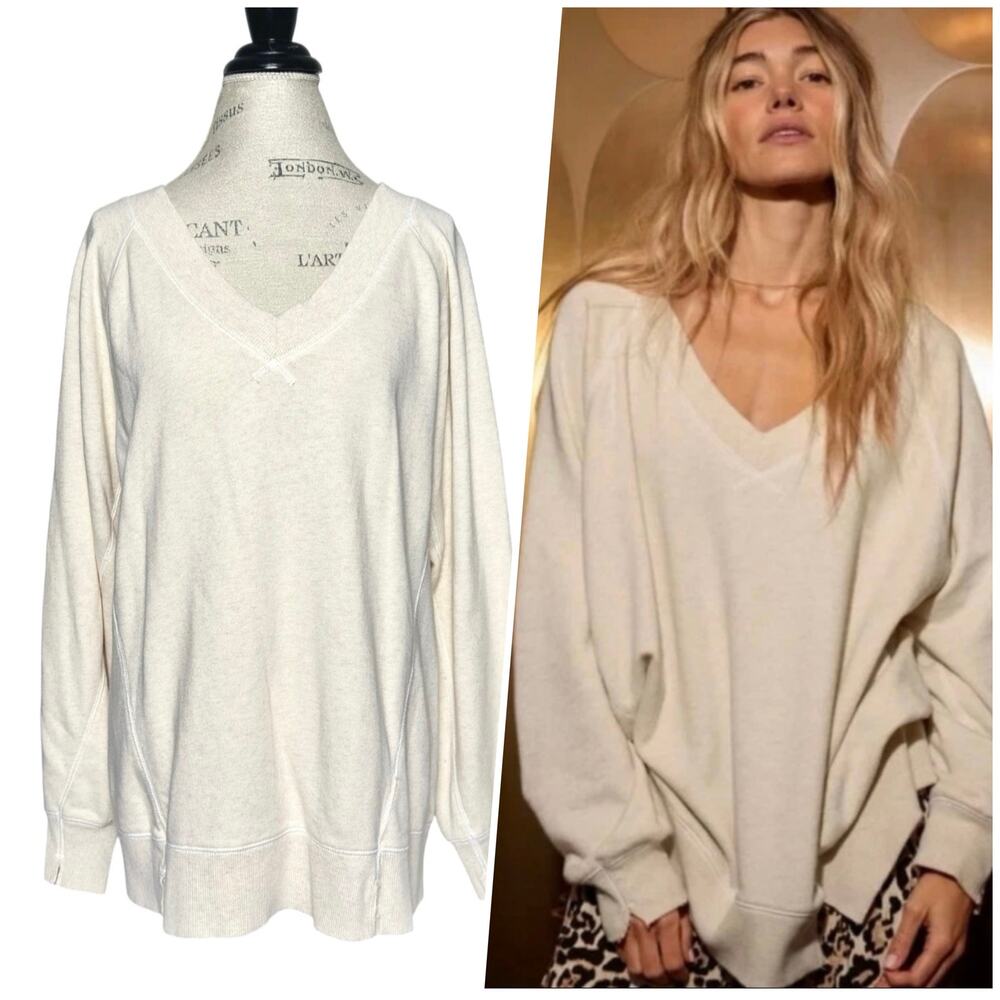 Aerie | Women | Downtime French Terry Cream Oversized V-Neck Sweatshirt | XXS